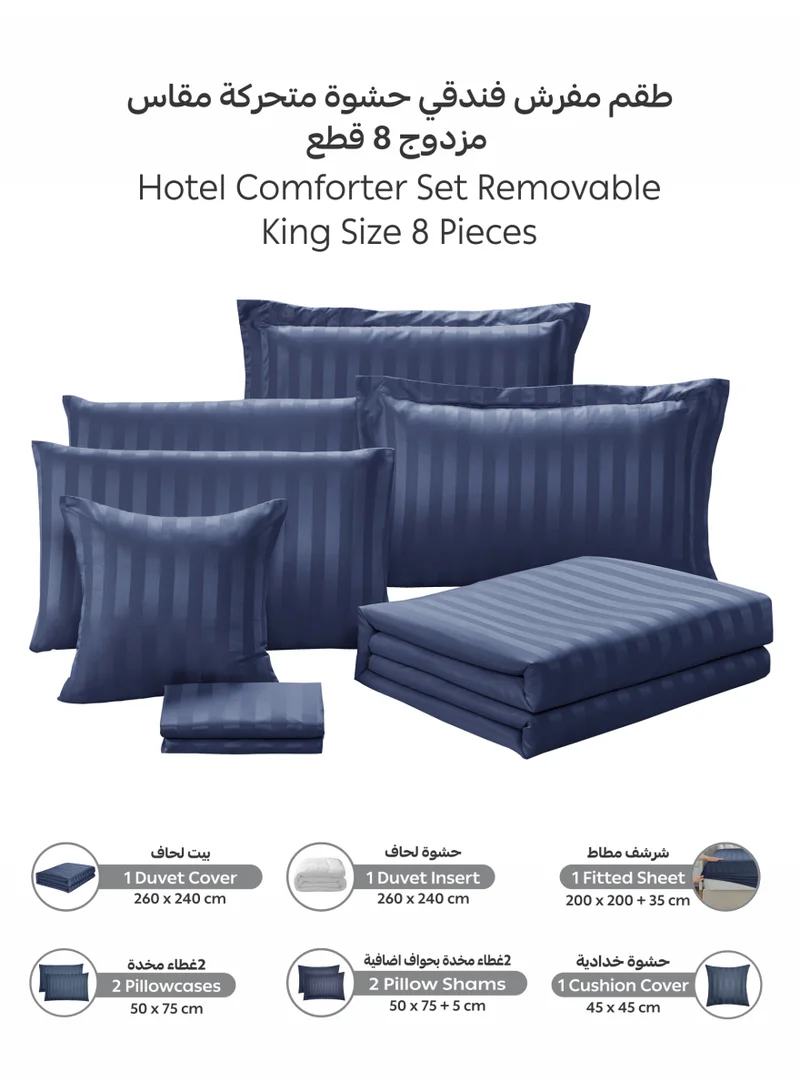 Donetella Mood Indigo Hotel Striped Comforter Set, Fits 200x200 cm Size Bed, Removable Duvet Filler Included, 8-Pcs King Size, 350 GSM Filling.  | Best Price UAE